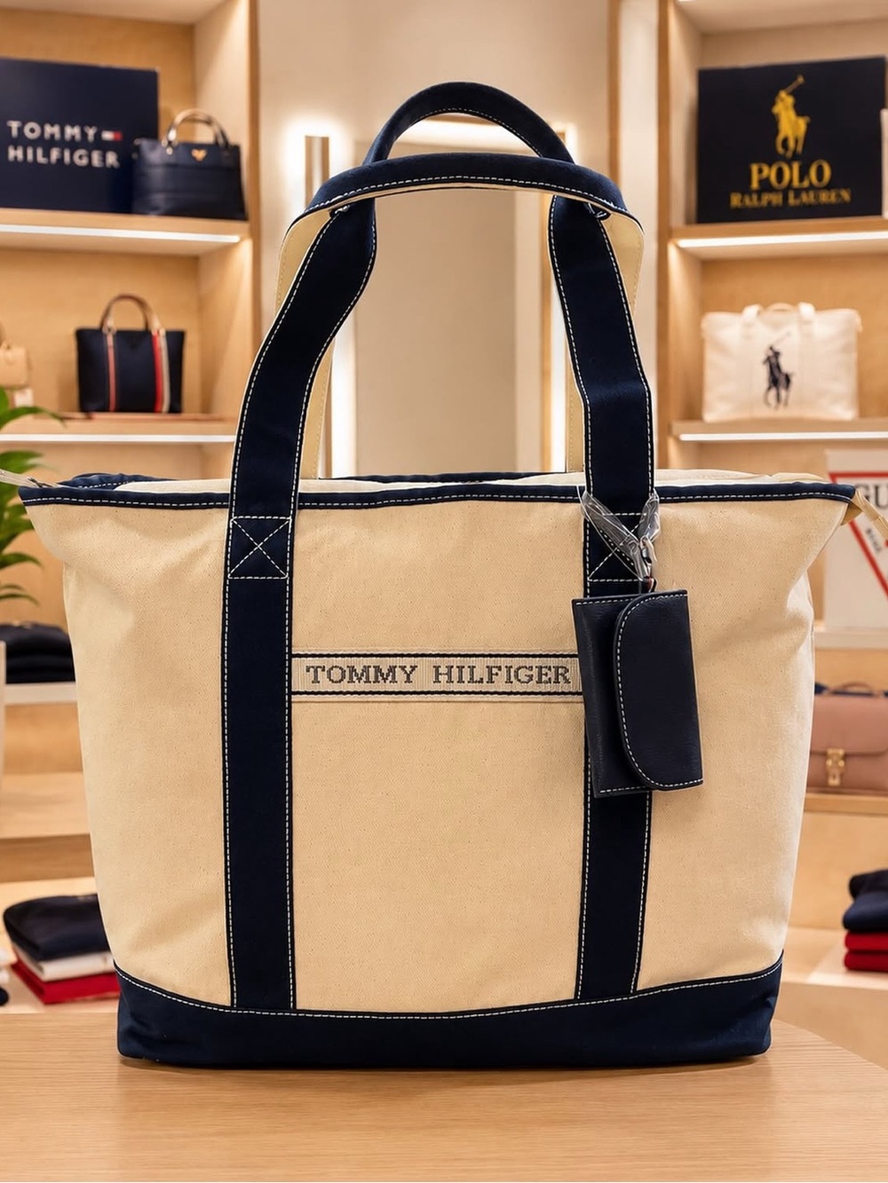 Tommy Hilfiger Cream Canvas Tote with Navy Trim